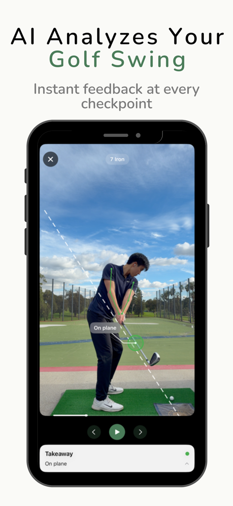 The Swing Sensei - AI analysis of a golf swing showing swing plane lines and feedback