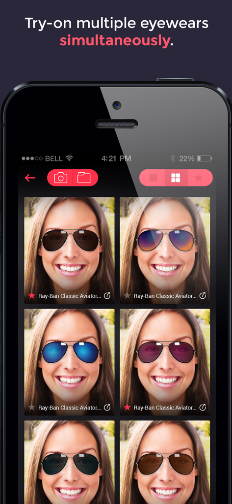 Glassify - TryOn Virtual Glass - Grid view of a woman virtually trying on different styles of sunglasses in the Glassify app