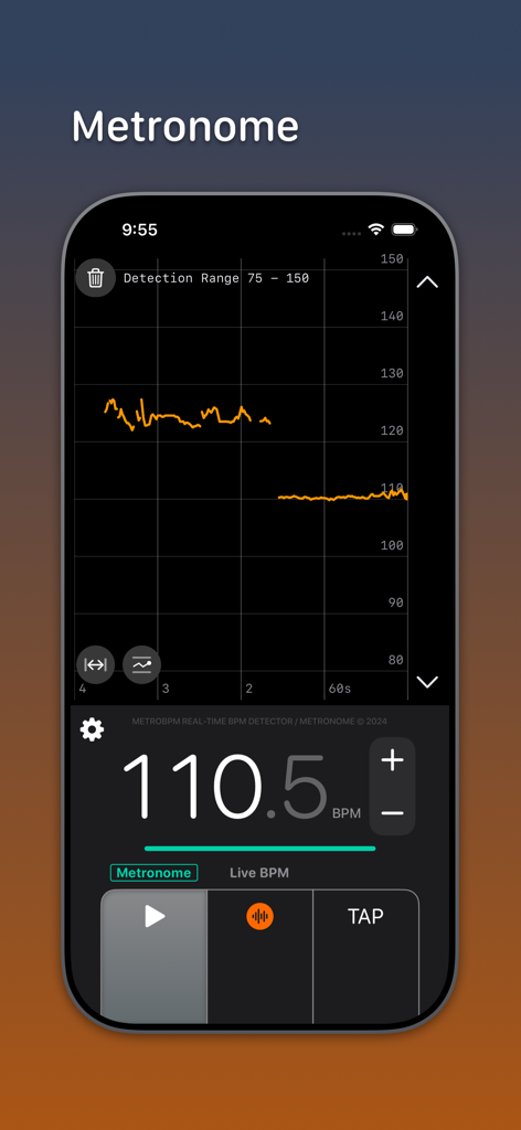 MetroBPM - MetroBPM app interface featuring a live tempo history plot and metronome controls at 110.5 BPM.