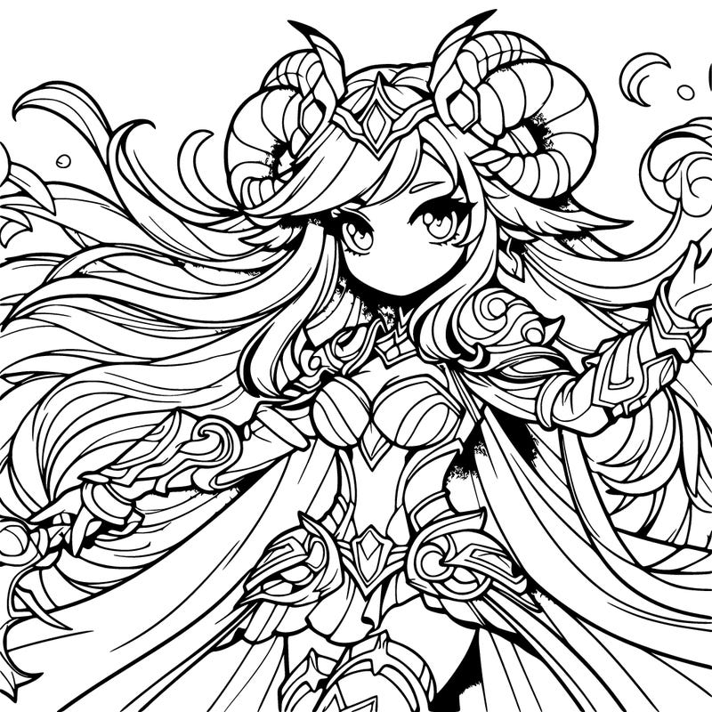 a fantasy girl with powers, horns and armour, as well as lots of long flowing hair
