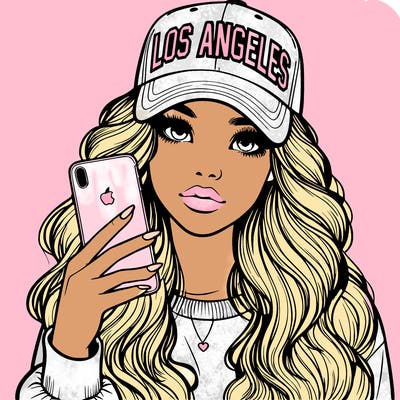 realistic beautiful girl wearing los ángeles cap holding an iphone