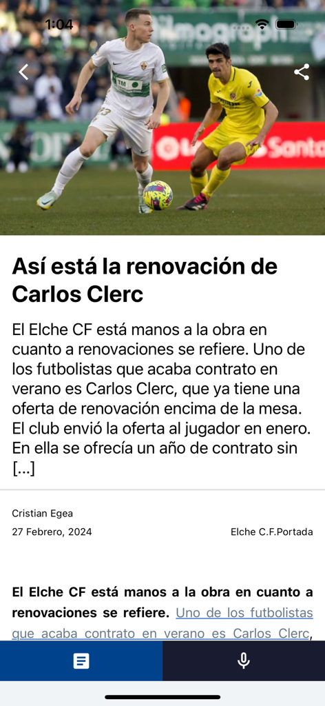 Pantalla de noticias de la aplicación Cope Elche mostrando un artículo sobre el futbolista Carlos Clerc