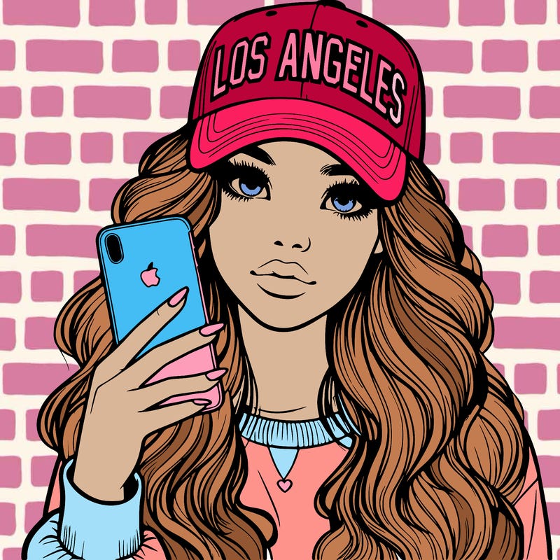 realistic beautiful girl wearing los ángeles cap holding an iphone