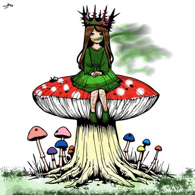 realistic girl sitting on a huge tree stump size toadstool with thorn crown