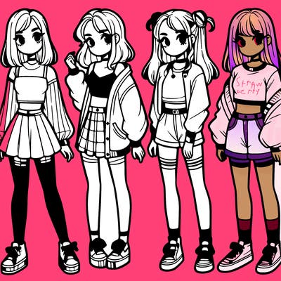 one girl with crop-top shirt and a jacket with a skirt, long socks and another girl with a shirt and pants with a jacket