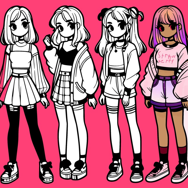 one girl with crop-top shirt and a jacket with a skirt, long socks and another girl with a shirt and pants with a jacket