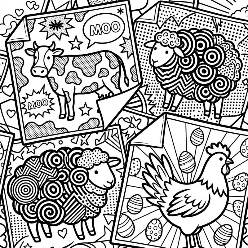 Dive into a barnyard bash with a Pop Art twist! This unique coloring page brings chunky cows, patterned sheep, and stylish chickens to life with bold lines and comic-book flair.