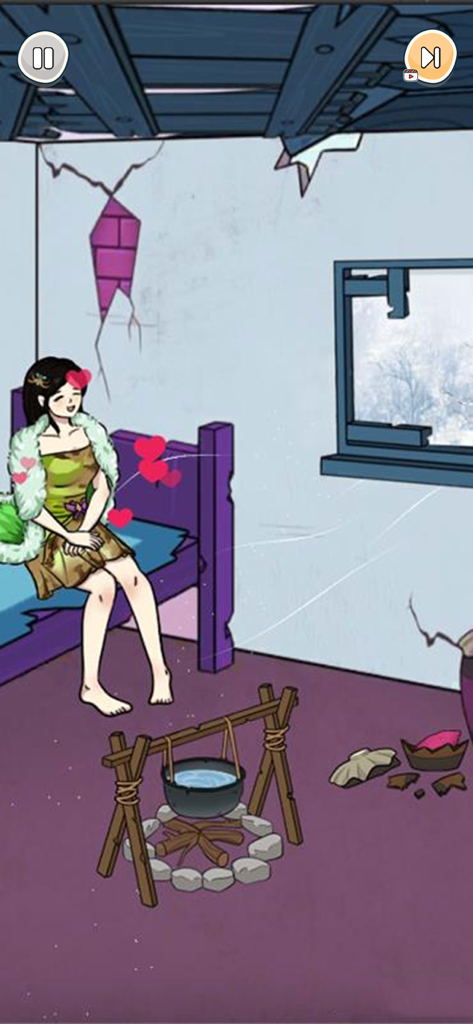 Prank Puzzle Tricky Party - A character sitting on a purple bed in a damaged room with a small cooking fire in the Prank Puzzle Tricky Party game.