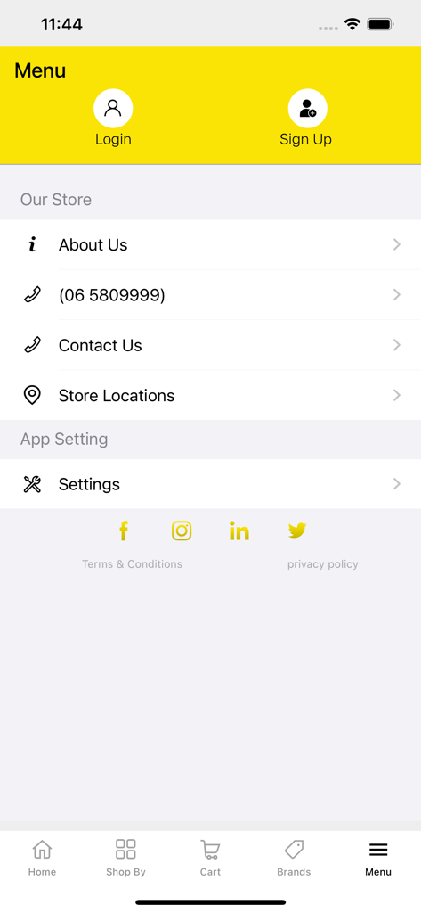 SmartBuy™ Electronics - SmartBuy Electronics app menu screen featuring login and sign up options plus store information and settings
