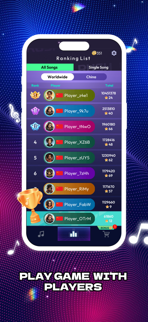Rhythm Tiles : Piano Game - Lista de clasificación mundial en la aplicación Rhythm Tiles Piano Game que muestra las mejores puntuaciones y rangos de los jugadores.