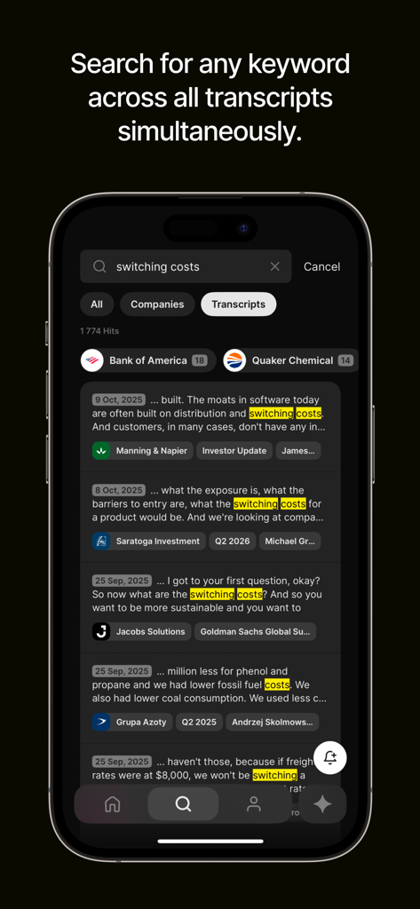 Quartr: Financial Research - Mobile app interface of Quartr showing a keyword search across multiple company earnings transcripts simultaneously