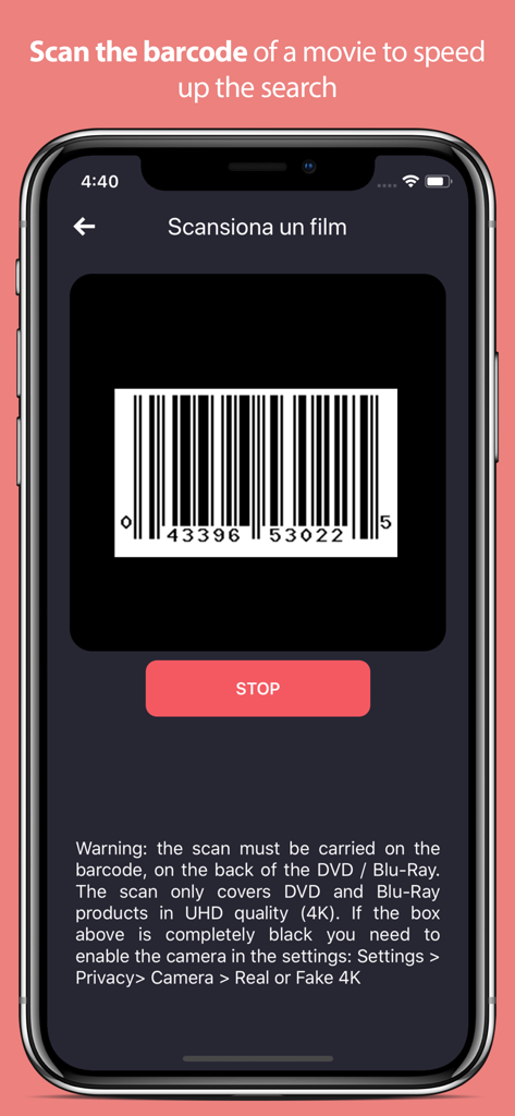 Interface of the Real or Fake 4K app showing a barcode scanner to identify movie resolutions.