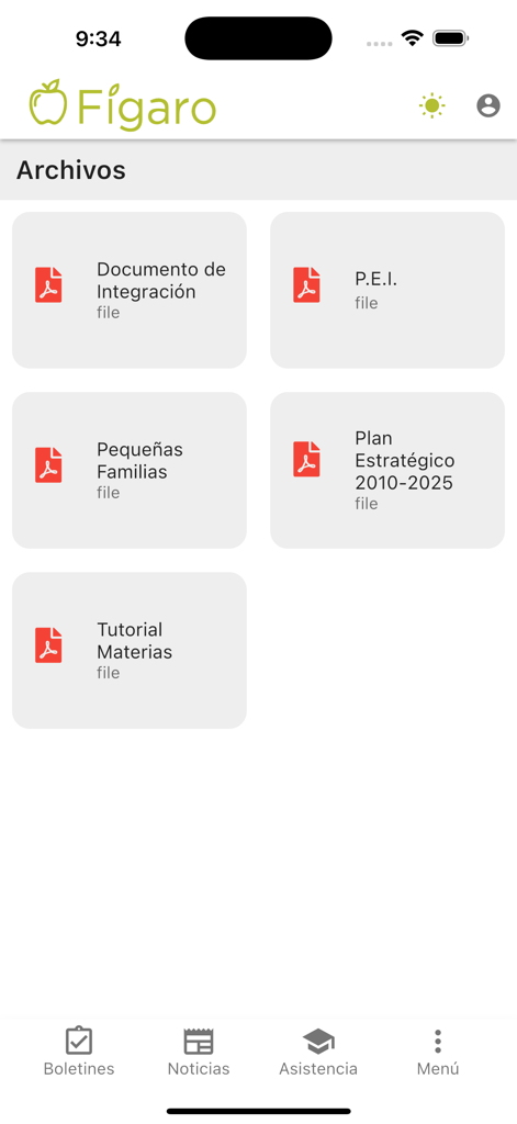 Figaro app interface displaying school documents and educational archives.