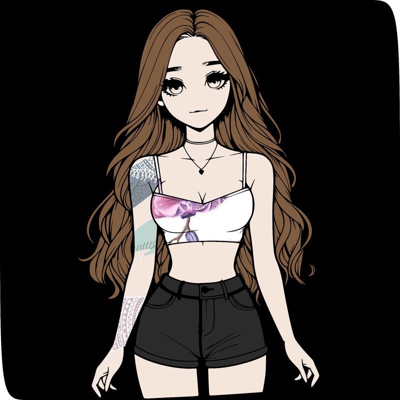 a realistic girl with long hair and in a crop top and shprts