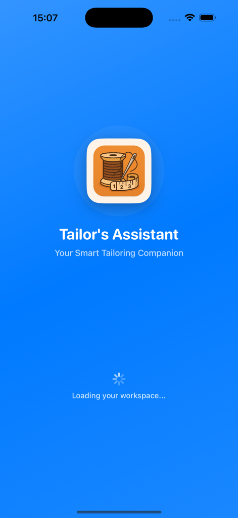 Loading screen of the Tailors Assistant app featuring a sewing icon and blue background