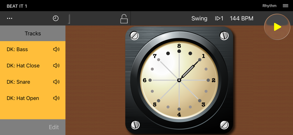 Interfaz de la aplicación Beat Vibe mostrando un reloj de metrónomo circular de 12 compases y pistas de percusión