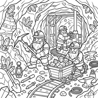 Delve into the charming world of hardworking dwarf miners with this engaging coloring page. Designed with large, clear outlines, it offers a delightful and accessible creative adventure for seniors.