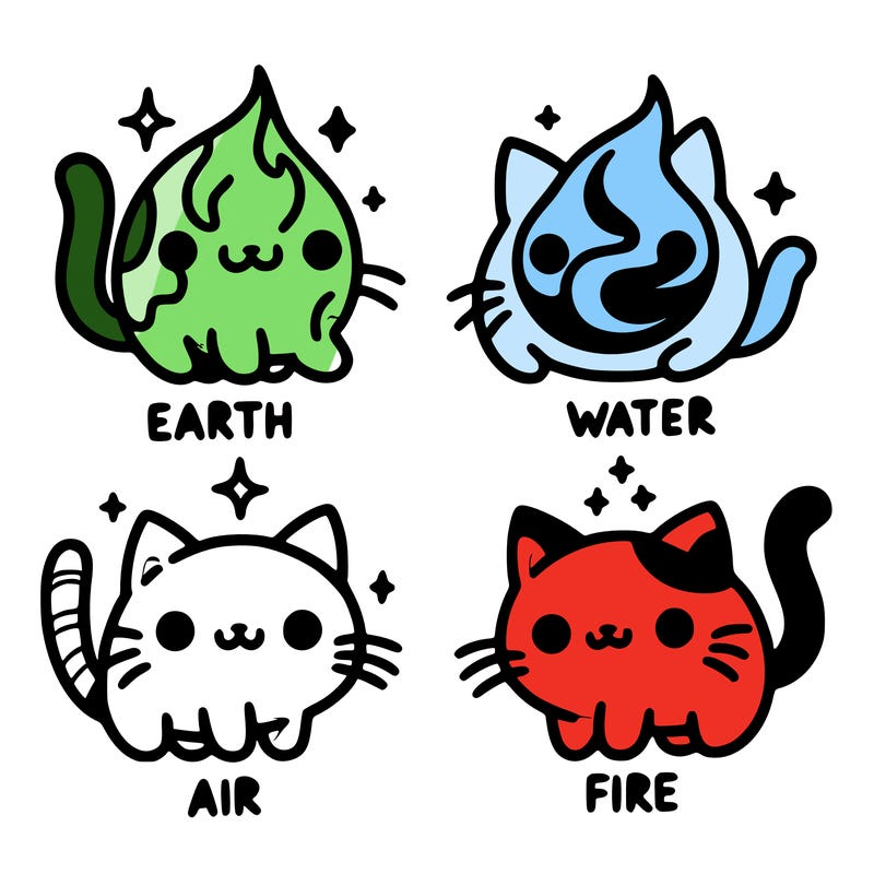 4 cats that represent the different elements, earth, water, air, and fire
