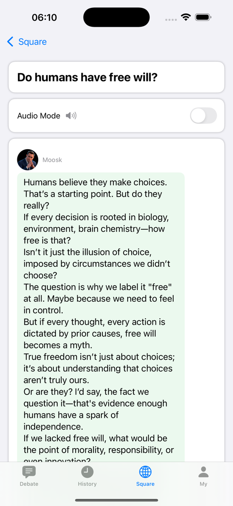 AI Debate Master - AI 토론 마스터 앱 스크린샷으로 Square 섹션에서 '인간은 자유 의지가 있는가'라는 주제에 대해 토론하는 사용자 게시물을 보여줍니다.
