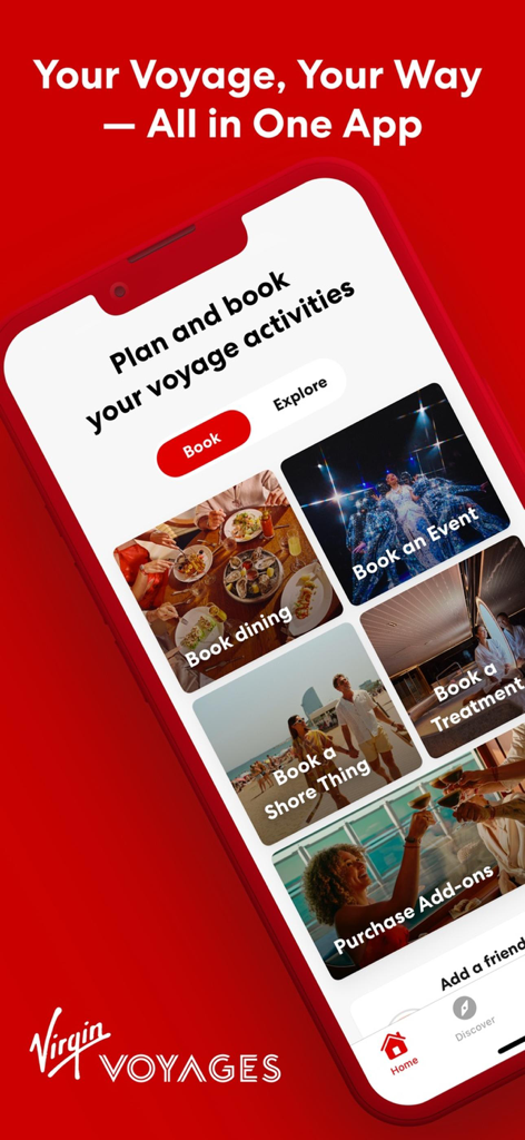 Virgin Voyages app screen showing options to book cruise dining activities and events