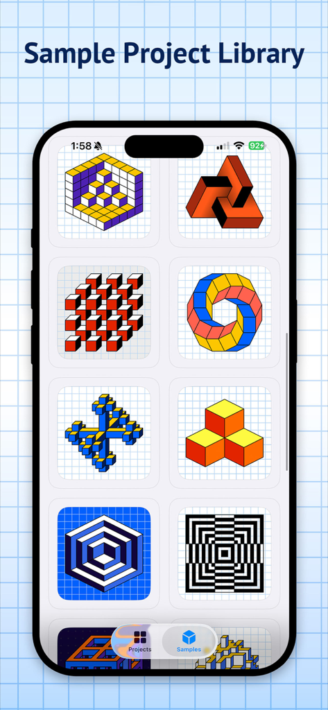 Graph Paper Pro - Una biblioteca de dibujos 3D isométricos y geométricos de muestra en la aplicación Graph Paper Pro