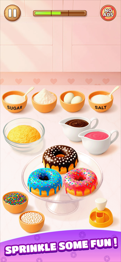 Cooking ASMR: Foodie Cook Game - 料理ASMRからの画面。カラフルなデコレーションドーナツとベーキング材料が表示されています。