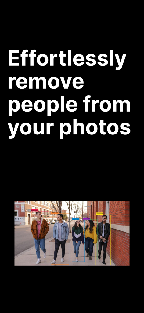 Remove people from photos - Interface do aplicativo mostrando detecção automática de IA de pessoas em uma rua da cidade para fácil remoção