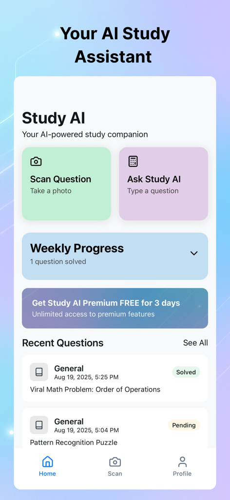 Study AI: Your Smart Companion - Dashboard der Study AI App mit Scan- und Frageoptionen für Schüler