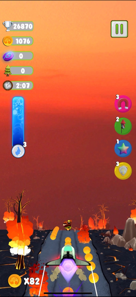 Speed For Trees - Gameplay of Speed For Trees showing a futuristic vehicle racing through a volcanic landscape collecting tree coins