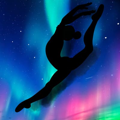 gymnast doing a leap in a leotard with a bent back leg