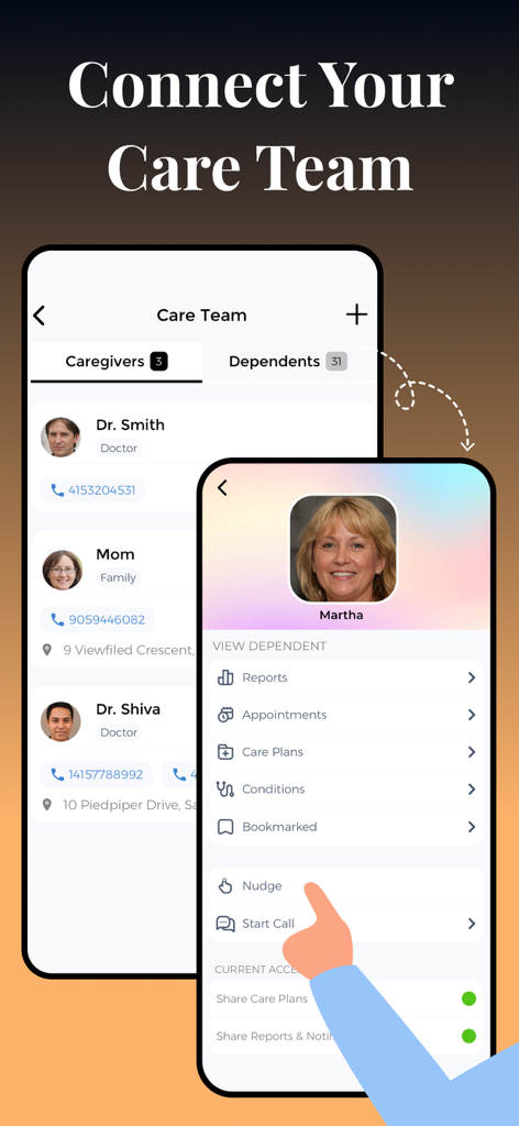 POTS Tracker - Tachycardia - Schermata dell'app POTS Tracker che mostra la funzionalità "Connetti il tuo team di assistenza" con elenchi di medici e operatori sanitari