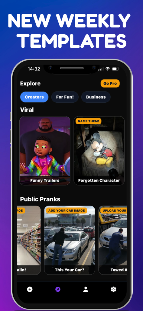 Interface of the Funderated app showing new weekly video templates across categories like creators, fun, and business.