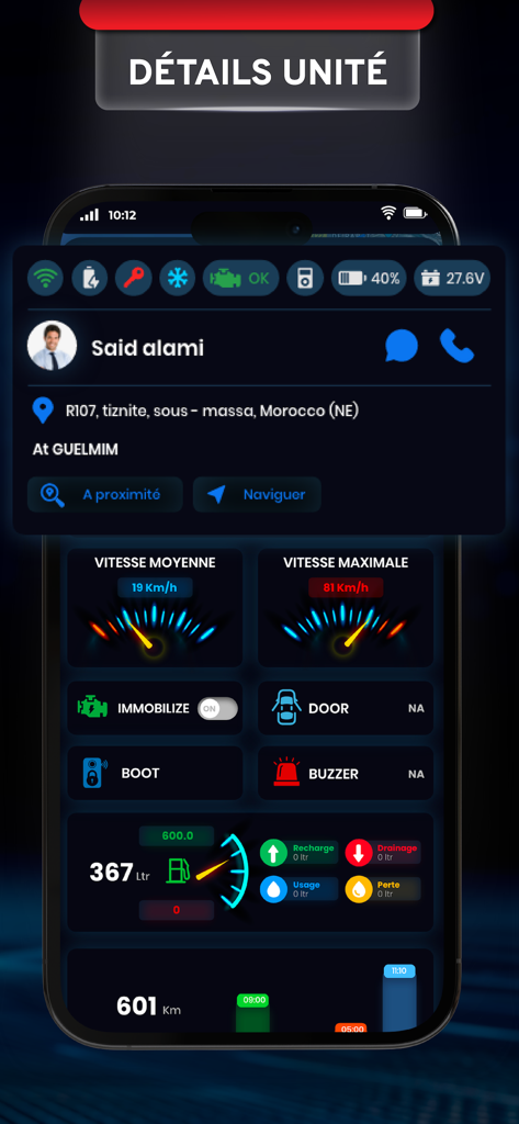 STG Fleet Mobile - Application STG Fleet Mobile montrant le suivi des véhicules, les indicateurs de vitesse et les détails de la surveillance du carburant