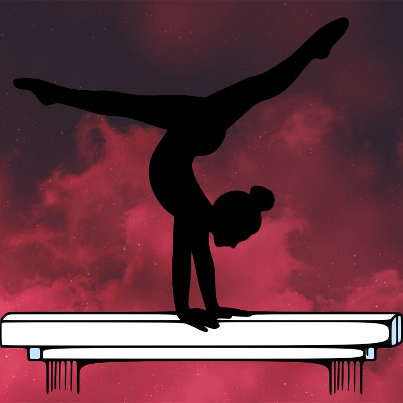outline female gymnast on balance beam performing acrobatic handstand