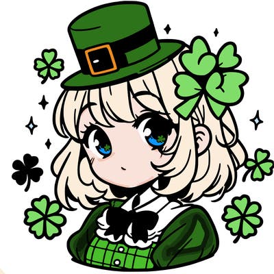 a manga-style girl with clovers around her, a little hat in her hair, like it's saint patrick's day