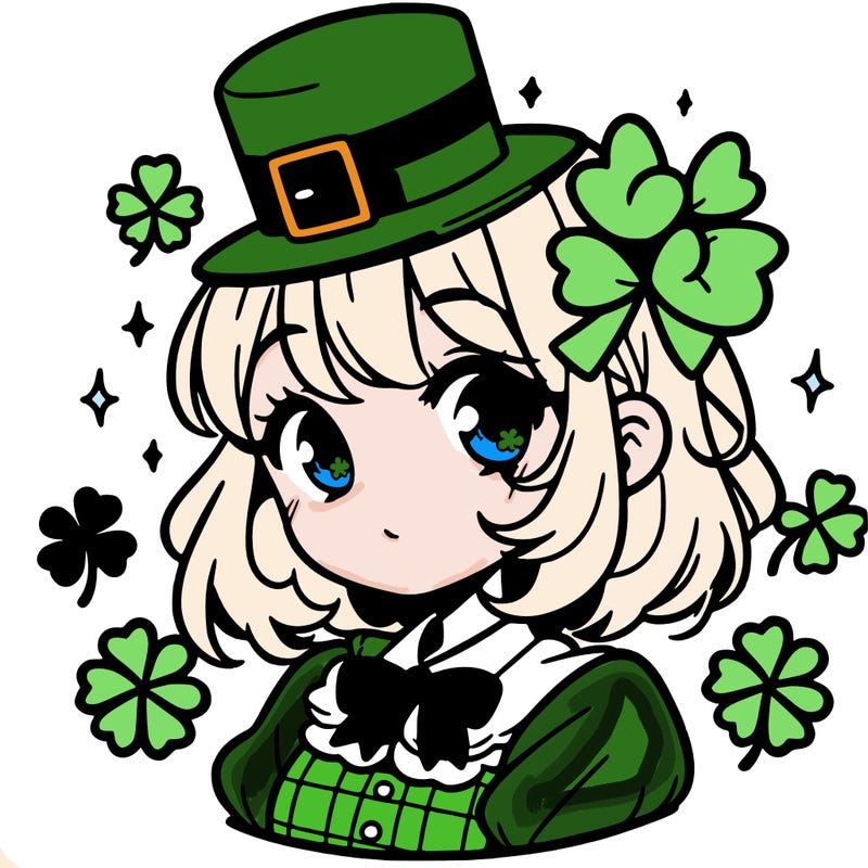 a manga-style girl with clovers around her, a little hat in her hair, like it's saint patrick's day