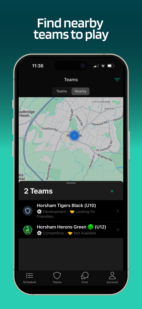 Lineup - Soccer Team App - Un'interfaccia mappa nell'app Lineup che mostra squadre di calcio vicine e club locali con cui giocare.
