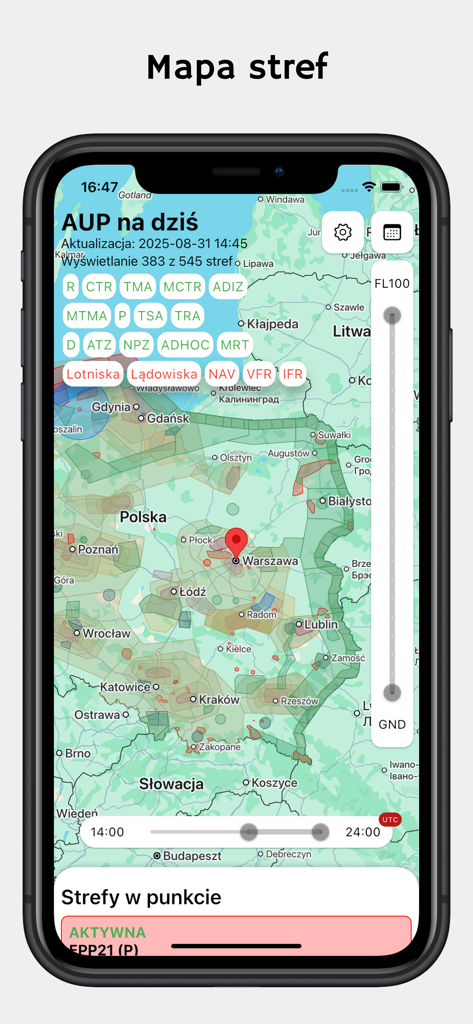Mappa interattiva delle zone dello spazio aereo polacco con filtri per livello di volo e tempo