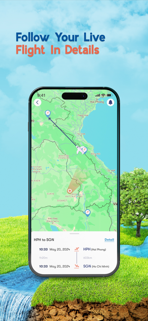 Flight Tracker - Air Traffic - Live flight tracker map showing a plane icon and flight route details