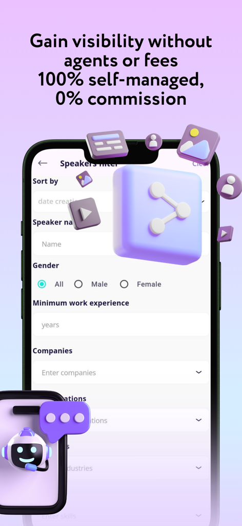 SpeakUp – Find & Book Speakers - A mobile screen showing search filters for professional speakers in the SpeakUp app