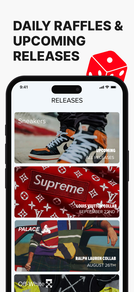 Sneakers Drops: Release＋Raffle - スマートフォン画面に、今後のスニーカーおよびストリートウェアの発売と抽選日が表示されています。