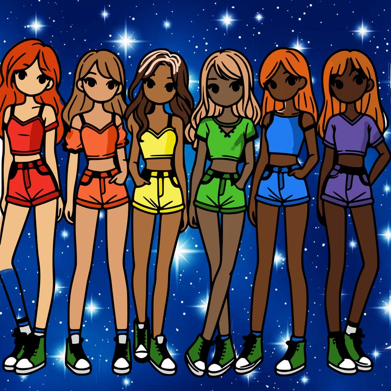 a group of girls wearing crop tops and shorts