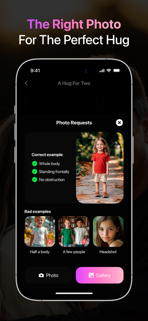 Hug AI - Video Maker App - A mobile screenshot showing instructions and examples for choosing the best photo to create an AI hug video