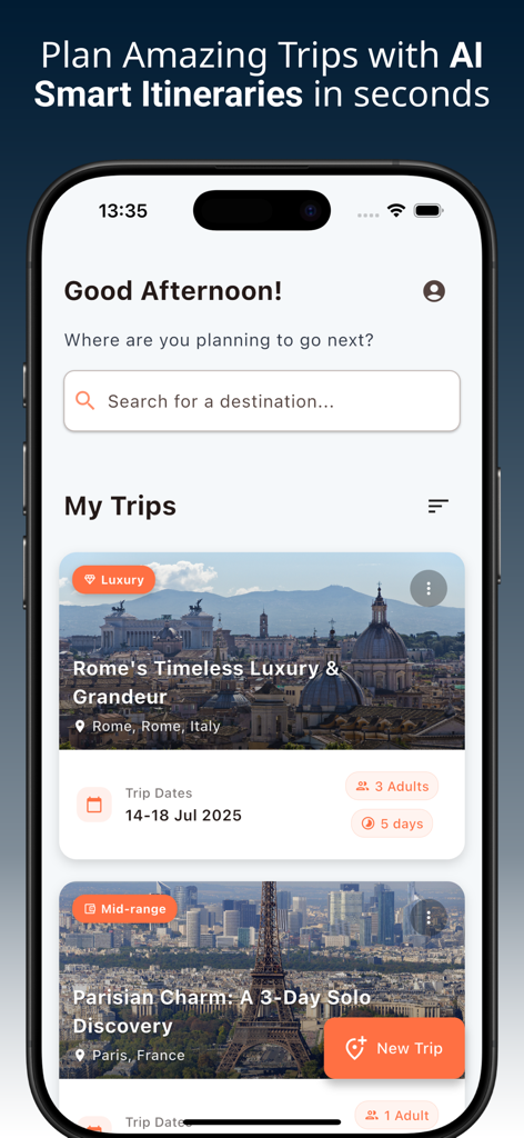 GoPlan - AI Travel Planner - GoPlan mobile app interface showing AI travel itineraries for Rome and Paris.