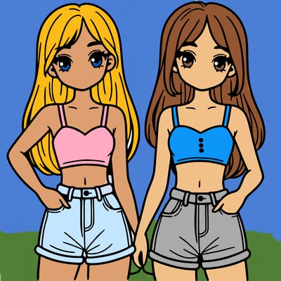 two sisters with crop tops and jean shorts and straight hair