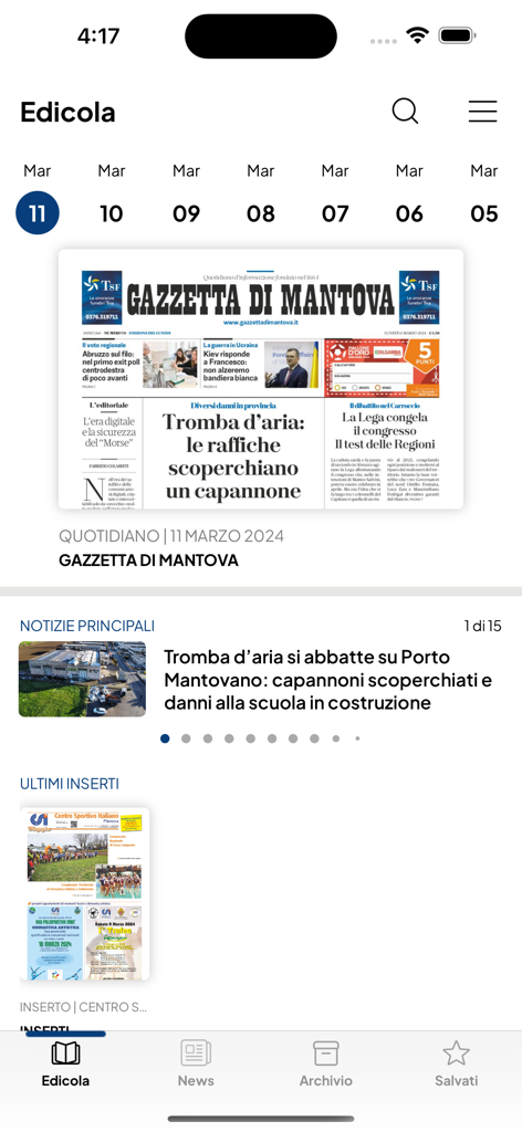 La Gazzetta di Mantovaアプリのデジタル新聞スタンド。毎日の新聞一面と地元ニュースを表示しています。