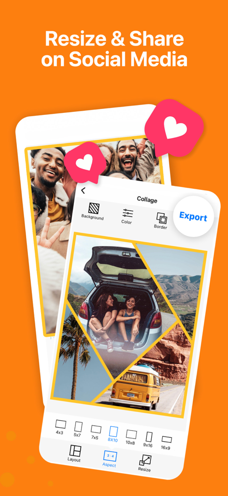Pic Stitch app interface showing collage resize options and aspect ratios for social media sharing
