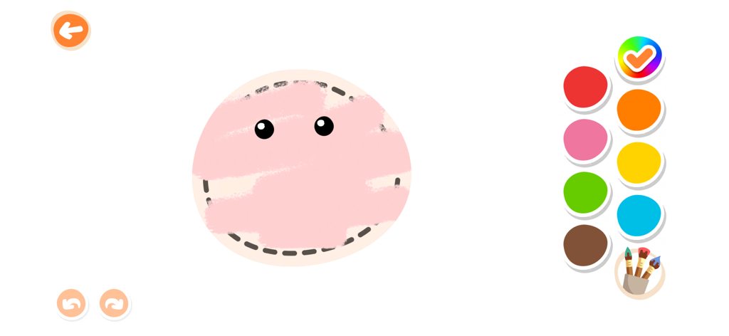 Kidify app drawing interface with a pink circular character and colorful paint options for toddlers.