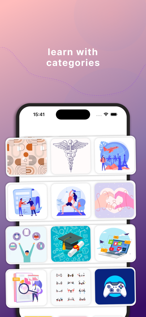English Phrasal Verbs & Dict. - 영어 구동사 학습을 위한 다양한 주제별 범주를 표시하는 스마트폰 화면.