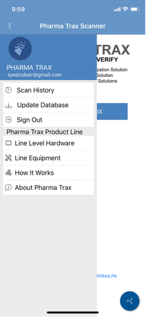 PHARMA TRAX SCANNER - Side navigation menu of the Pharma Trax Scanner app showing Scan History and Product Line options.